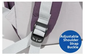 Detail of the adjustable black plastic buckle and grey woven strap on the purple backpack