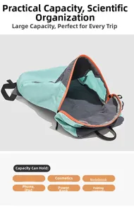 Detail view of large capacity mint green hiking backpack showing spacious inner storage