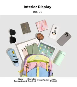 Détail de l'intérieur du sac à dos coloré montrant le rangement pour iPad et objets du quotidien