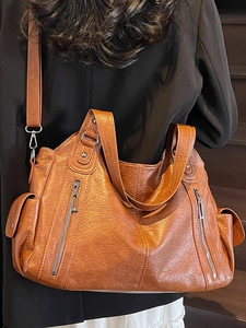 Retro brown large capacity tote bag with vintage faux leather texture and shoulder strap