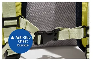 Detail of the non-slip chest buckle on the yellow and blue hiking backpack