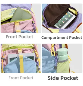 Vue détaillée des compartiments multiples et panneaux pastel du sac à dos de voyage