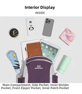 Internal compartments of the purple outdoor backpack showing large storage capacity