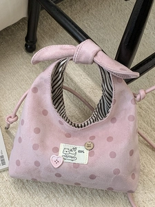 Women Korean Style Bow Handle Polka Dot Handbag Sweet PU Leather Small Square Crossbody Bag With Cartoon Patch Ribbon Handle