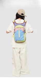 Vue arrière du sac à dos extérieur avec panneaux en nylon imperméable violets et verts