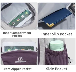Detailed interior compartments and side pockets of water-repellent travel backpack