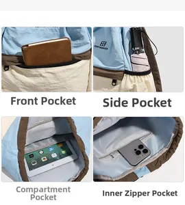 Detail view of the drawstring backpack featuring front zipper pocket and iPad compartment