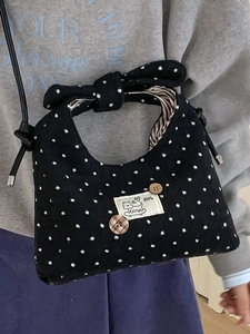 Polka dot knitted handbag with bow handle and crossbody strap for women