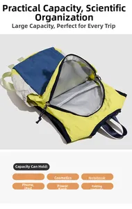 Internal view showing compartments of the large travel backpack with various items