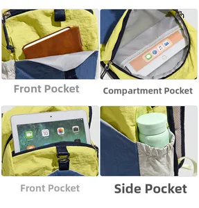 Detail view of large capacity outdoor backpack showing four functional storage compartments