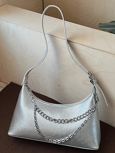 Trendy Women PU Leather Underarm Bag Wrinkled Texture Double Silver Chain Decor Minimalist Shoulder Crossbody Commuter Bag