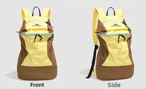 Front and side view of yellow and brown hiking backpack with waterproof nylon texture
