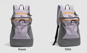 Front and side view of lightweight purple and grey hiking backpack with ripstop nylon
