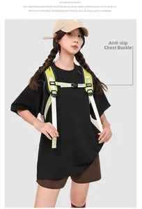 Detail of adjustable non-slip chest buckle and shoulder straps on light green backpack