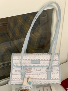 Cute Cartoon Rocking Horse Print PU Leather Underarm Bag Sweet Women Shoulder Bag With Plush Rabbit Charm For Daily School