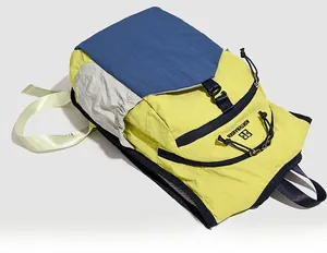 Detail of multi-color outdoor backpack featuring lightweight ripstop nylon and straps
