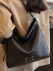 Classic black pebbled leather Hobo shoulder bag with silver rivet details for women