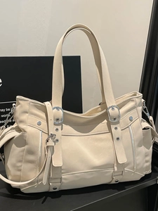 Women Large Capacity PU Leather Tote Bag Vintage Punk Style Multi Pocket Shoulder Bag With Studded Buckles For Commuting