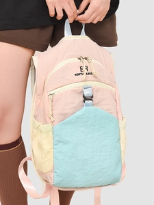 Large capacity color-block outdoor backpack in pink, blue and beige with durable fabric