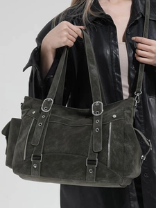 Large capacity vintage olive tote bag with multi-pocket suede finish for women