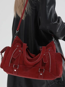 Large capacity dark red vintage tote bag with industrial metal buckles and dual zippers