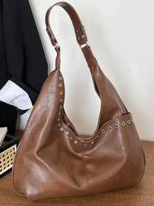 Sac Cabas Hobo en Cuir PU de Grande Capacité Pour Femmes Sac à Épaule Avec Oeillets Métalliques Vintage Sac À Main Mode
