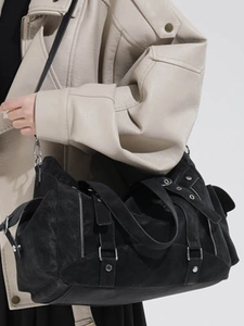 Black vintage punk style large capacity tote bag with silver rivets and multi-pockets