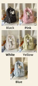 Quilted college backpacks in five colors with bow embroidery and plush pendant charms