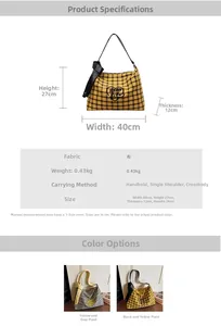 Detailed dimension chart for large plaid tote bag with NORO Live print and measurements