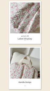 Detail showing the white quilted texture with pink bows and top handle on the backpack