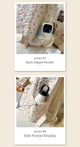 Quilted backpack detail showing back zipper pocket for phone and side water bottle pocket