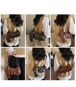 Detailed multi-angle view of vintage pleated hobo bag with a matching coin purse charm