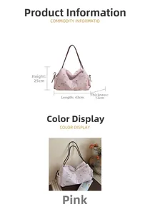 Detailed view of pink casual tote bag with cartoon prints and specific size dimensions