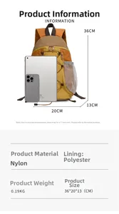 Vue détaillée des spécifications du sac à dos léger en nylon avec comparaison de taille