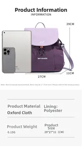 Size comparison of the purple oxford backpack showing dimensions with iPad and iPhone