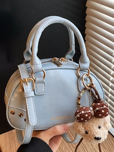 Retro Glossy PU Leather Mini Boston Handbag For Women With Cute Plush Bear Charm Crossbody Shoulder Bag Rivet Detail Bag