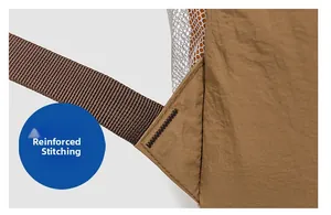 Gros plan sur les coutures renforcées des bretelles d'un sac à dos en nylon kaki