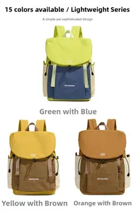 Three variants of lightweight nylon travel backpacks in green, yellow, and orange tones