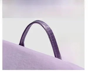 Close-up of the durable purple nylon top handle with reinforced weaving on the backpack