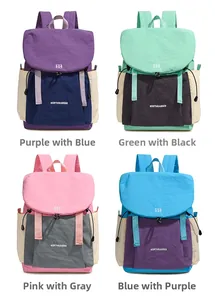 Collage showing four color variants of lightweight nylon travel backpacks with flap covers