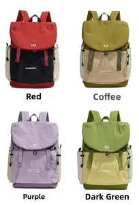 Four colors of lightweight nylon drawstring backpacks: red, coffee, purple, and green