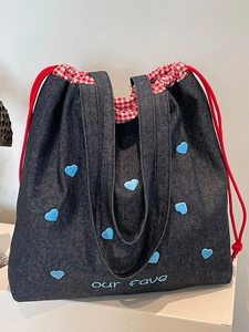 Damen Denim Einkaufstasche Herz Bestickung Kordelzug Schultertasche Mit Vichy Karo Futter Große Kapazität Lässige Handtasche