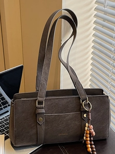 Vintage PU Leather Underarm Bag For Women Retro Boston Handbag Minimalist Single Shoulder Bag With Beaded Pendant Daily Tote Bag
