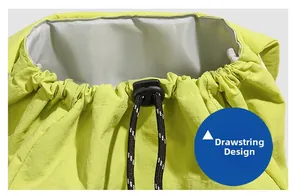 Detail of drawstring design on lime green backpack with textured fabric and toggle