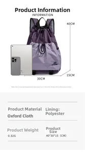 Detail view of purple waterproof oxford backpack with dimensions 40x30x15cm and scale reference