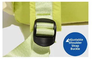 Macro detail of high-strength black plastic adjustable buckle on the green nylon strap