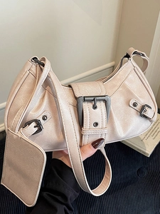 Vintage Moto Style Women Underarm Bag PU Leather Wrinkled Hobo Bag With Detachable Pouch Large Buckle Retro Shoulder Bag