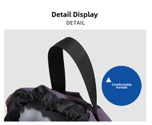 Close-up of durable black webbing handle and elastic drawstring opening on purple backpack