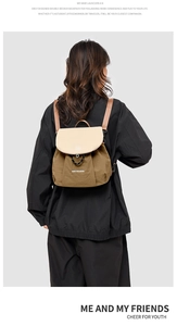 Rear view of model wearing a dual-layer khaki and beige contrast casual backpack