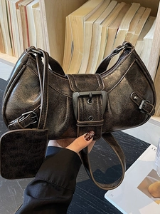 Retro coffee brown motorcycle style shoulder bag with vintage metal buckle and mini pouch